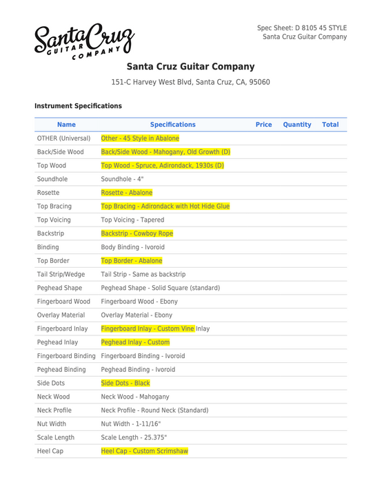 Santa Cruz Custom 45 Style Old Growth Mahogany Adirondack