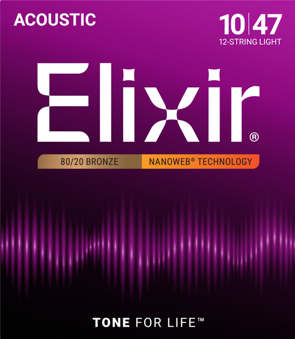 Elixir 11152 80/20 Bronze Nanoweb Light 10-47 Gauge 12-String Acoustic Guitar Strings